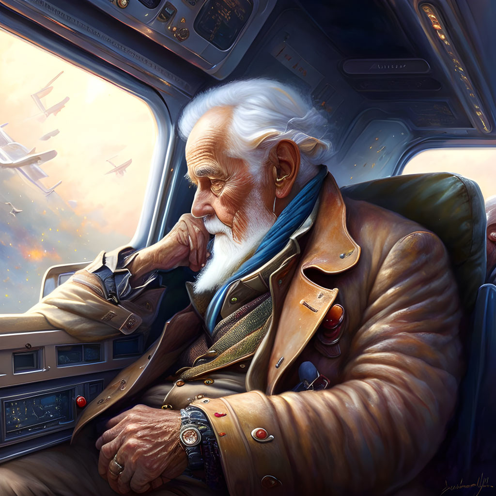 Elderly pilot with white beard in cockpit with aircraft in sky