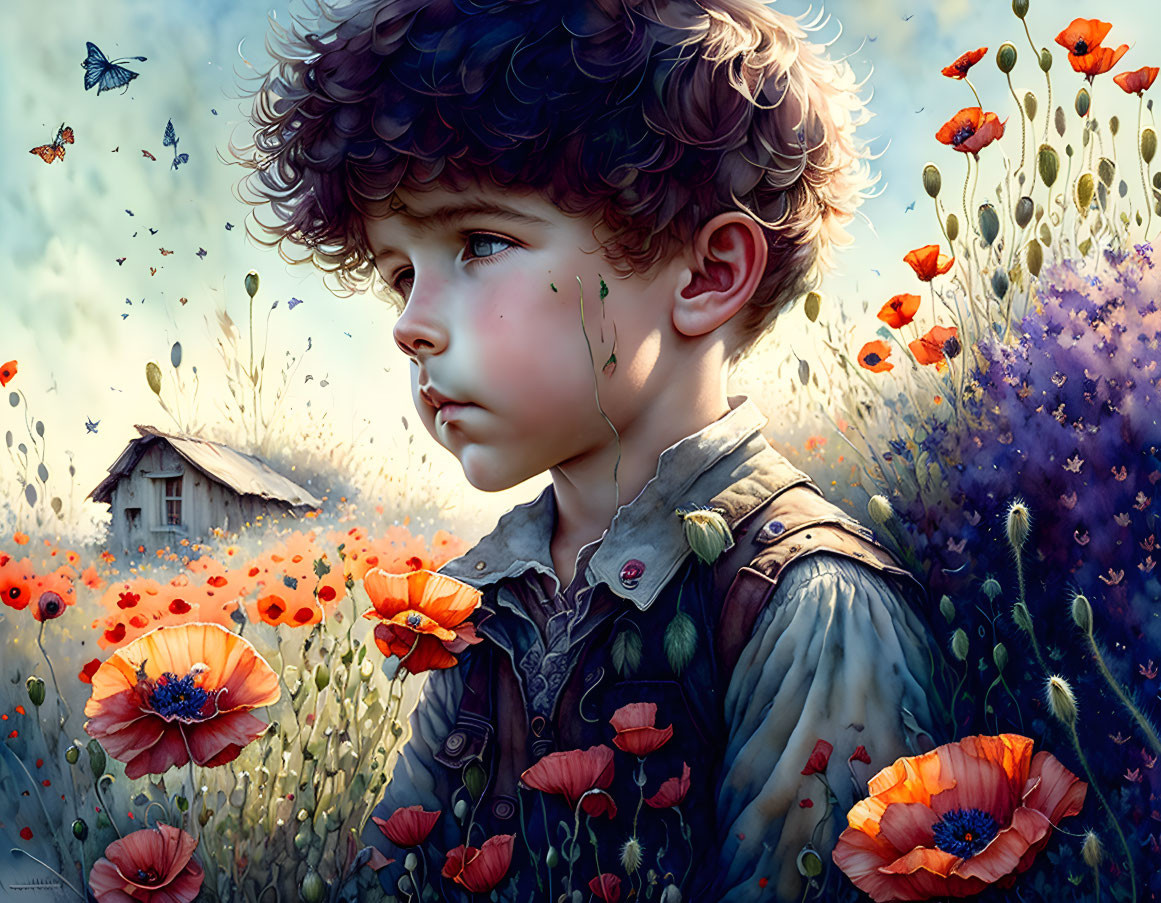 Child with curly hair in red poppy field and hut with butterflies