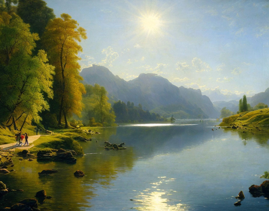 Tranquil landscape with sunlit lake, trees, mountains, and strolling people