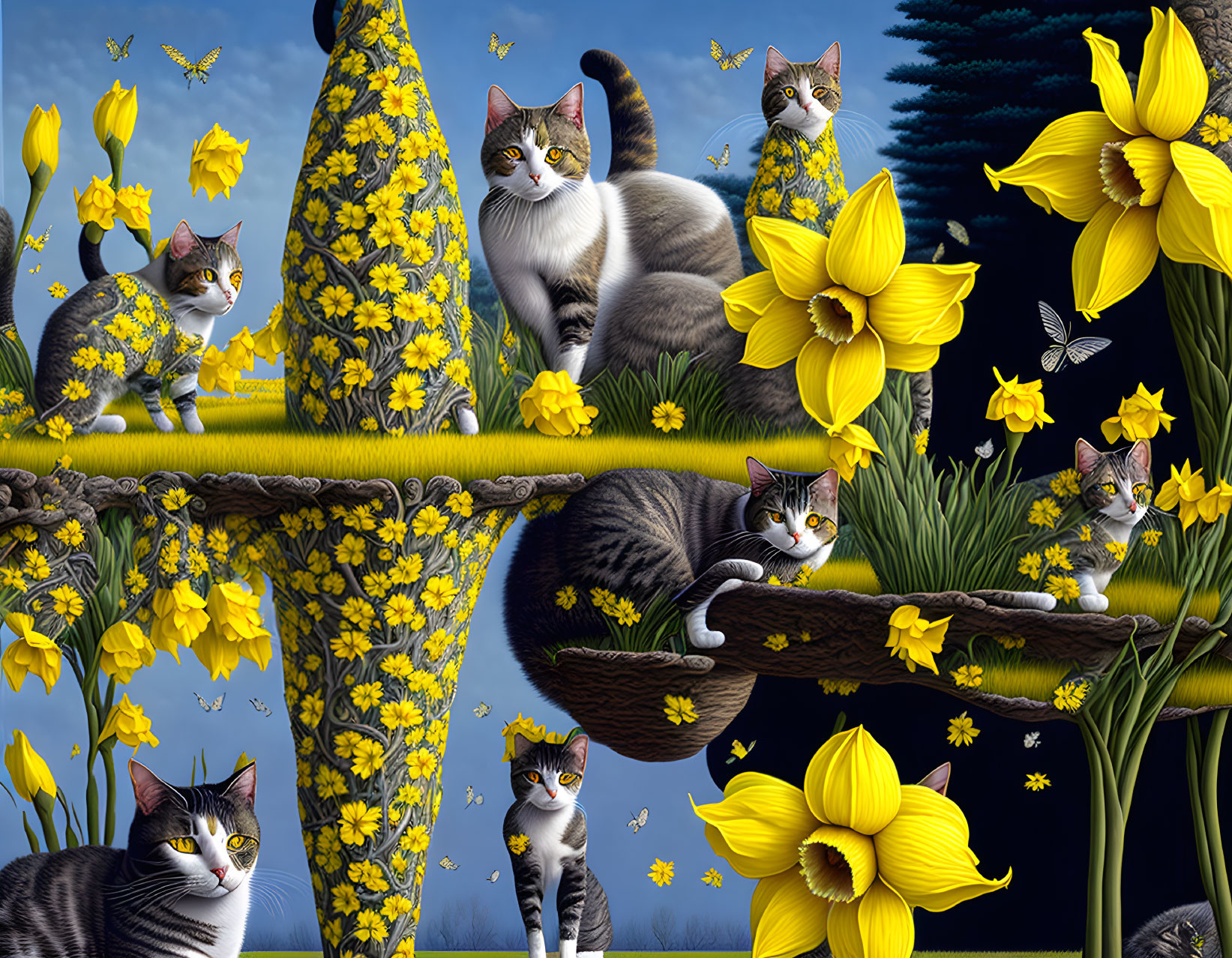 Colorful Artwork: Cats, Daffodils, Butterflies, Tree, Blue Sky