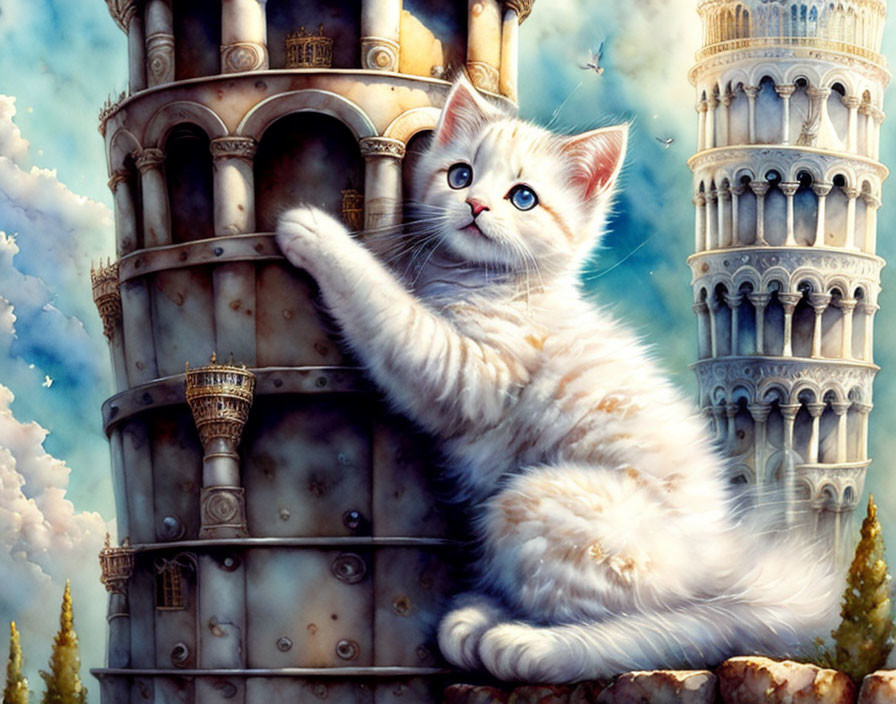 Fluffy white kitten playing on miniature Leaning Tower of Pisa