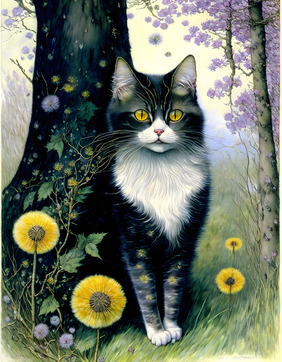 Detailed Illustration of Long-Haired Cat Among Dandelions and Purple Flowers