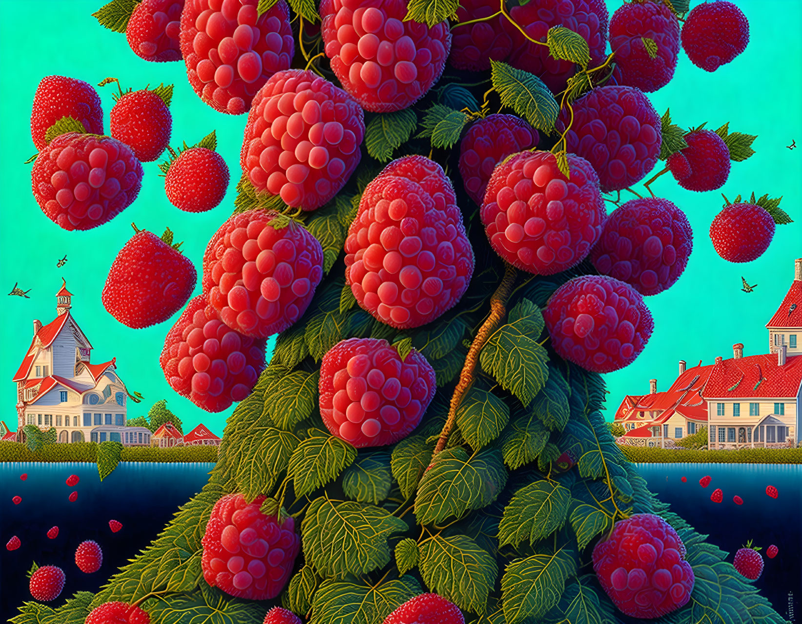 Detailed illustration: Cluster of ripe raspberries with green leaves by serene lake and houses