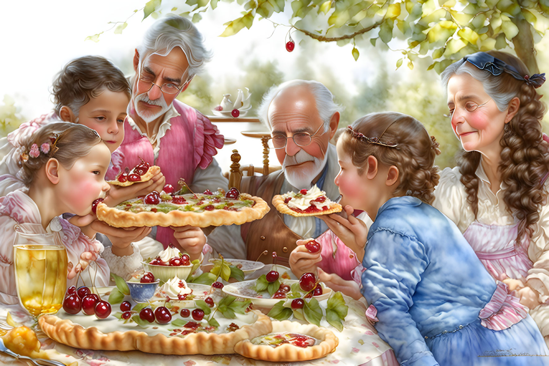 Multigenerational family enjoying homemade pies under a cherry tree