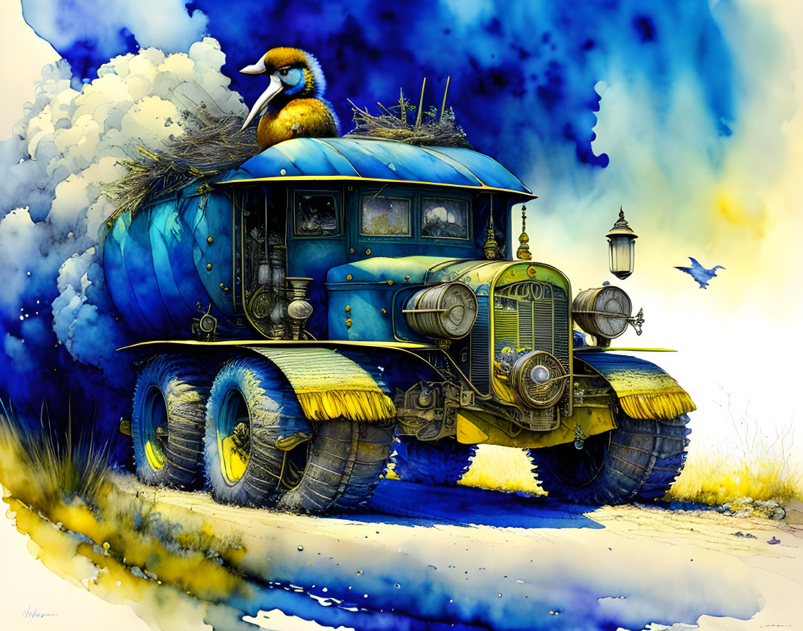 Blue Vintage Vehicle Bird's Nest with Yellow Accents and Bluebird Flight