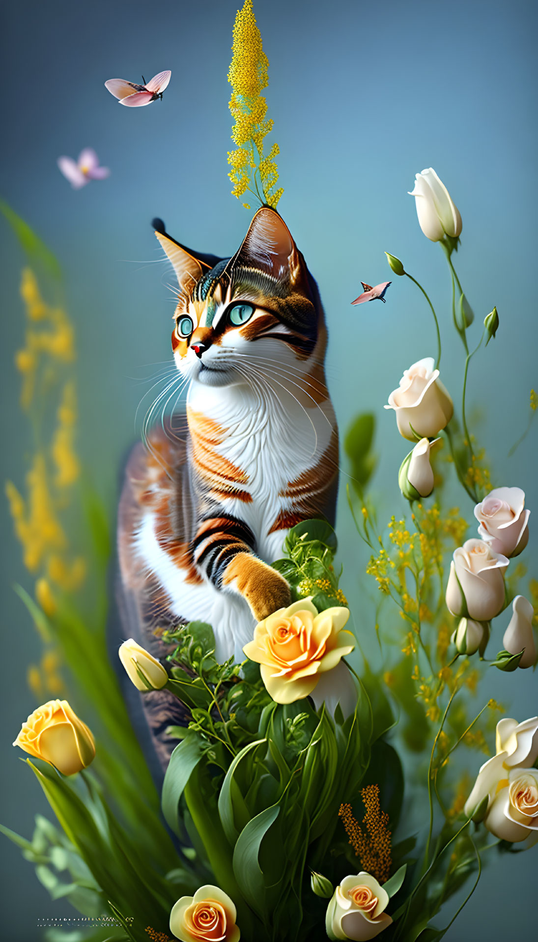 Colorful Cat Among Flowers and Butterflies on Blue Background