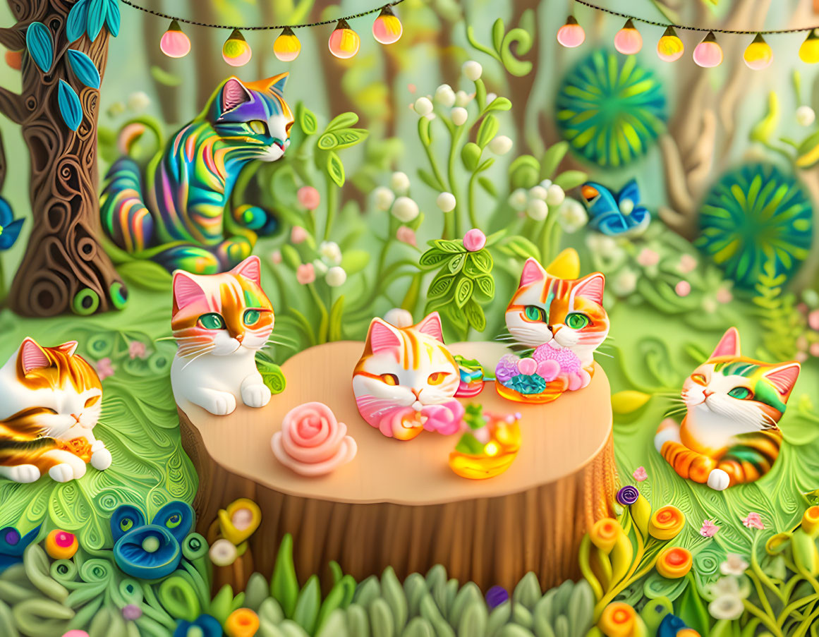 Five Cartoon Cats in Vibrant Garden Setting