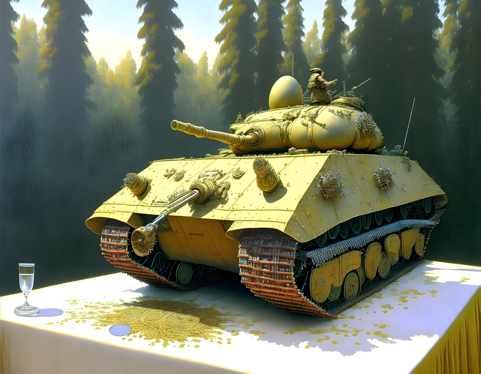 Tank on tablecloth with wine glass & coins: Surreal military power meets elegant dining.