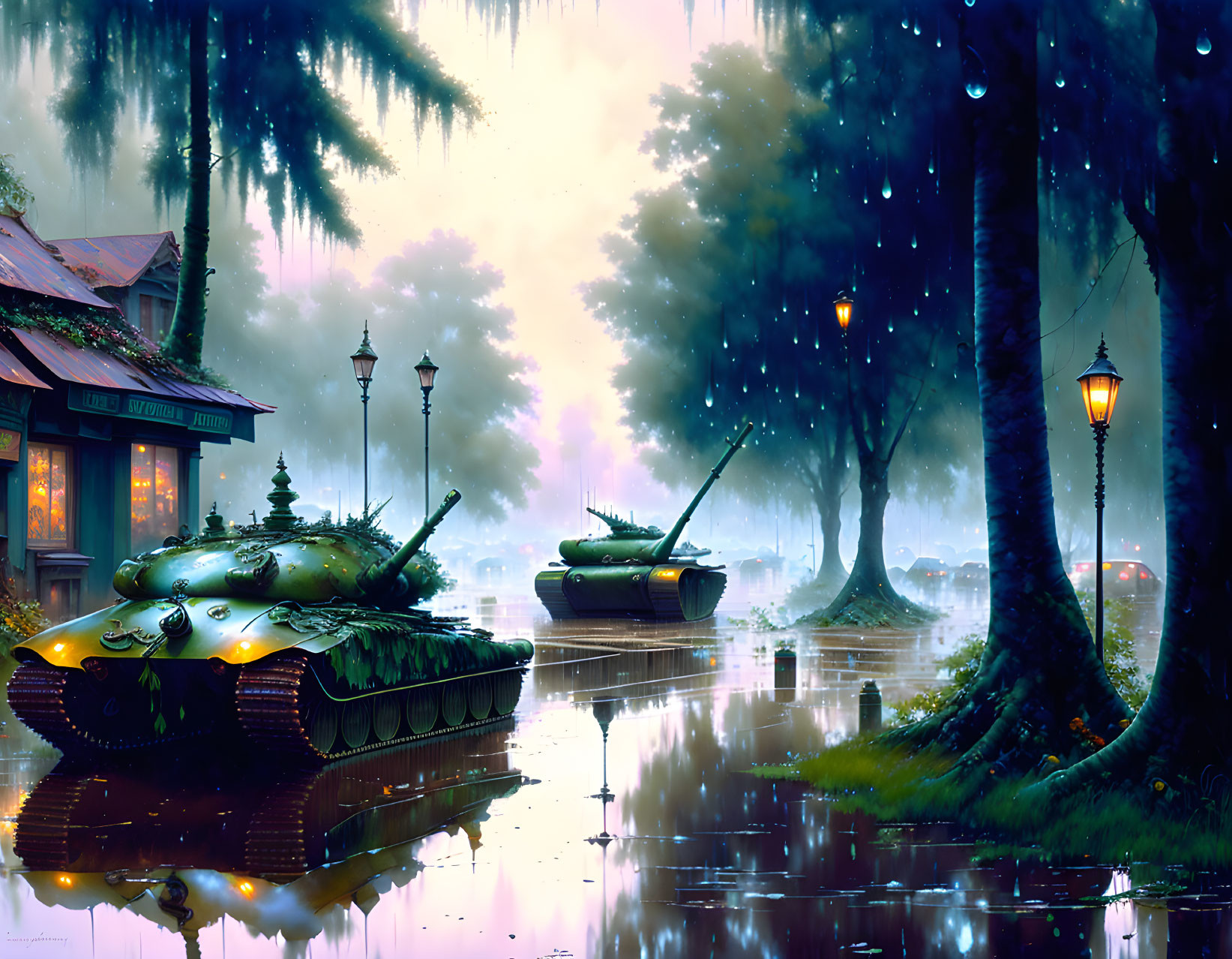 Twilight street scene with tanks, trees, and lamps