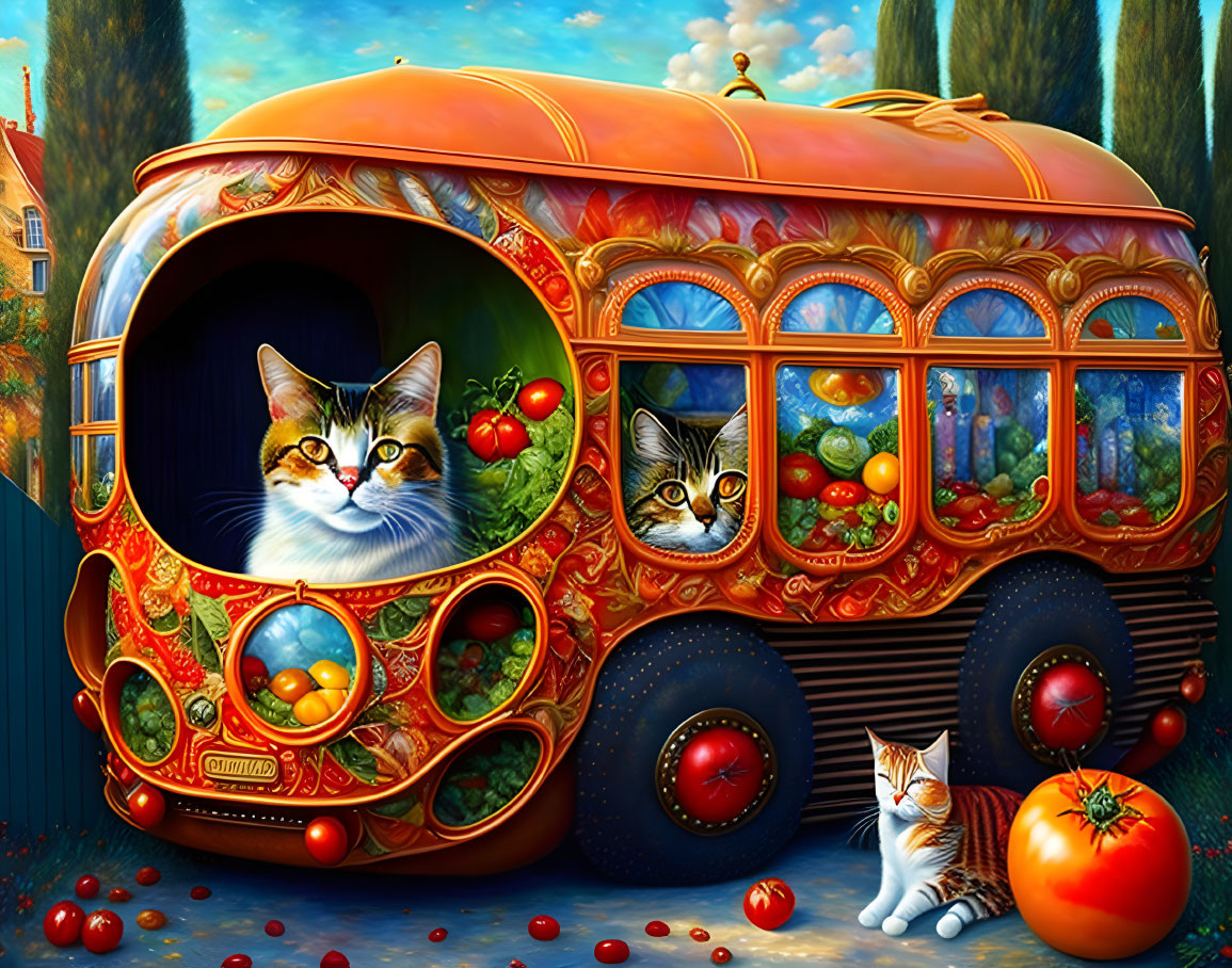 Whimsical orange bus painting with realistic cat passengers and kitten with tomatoes