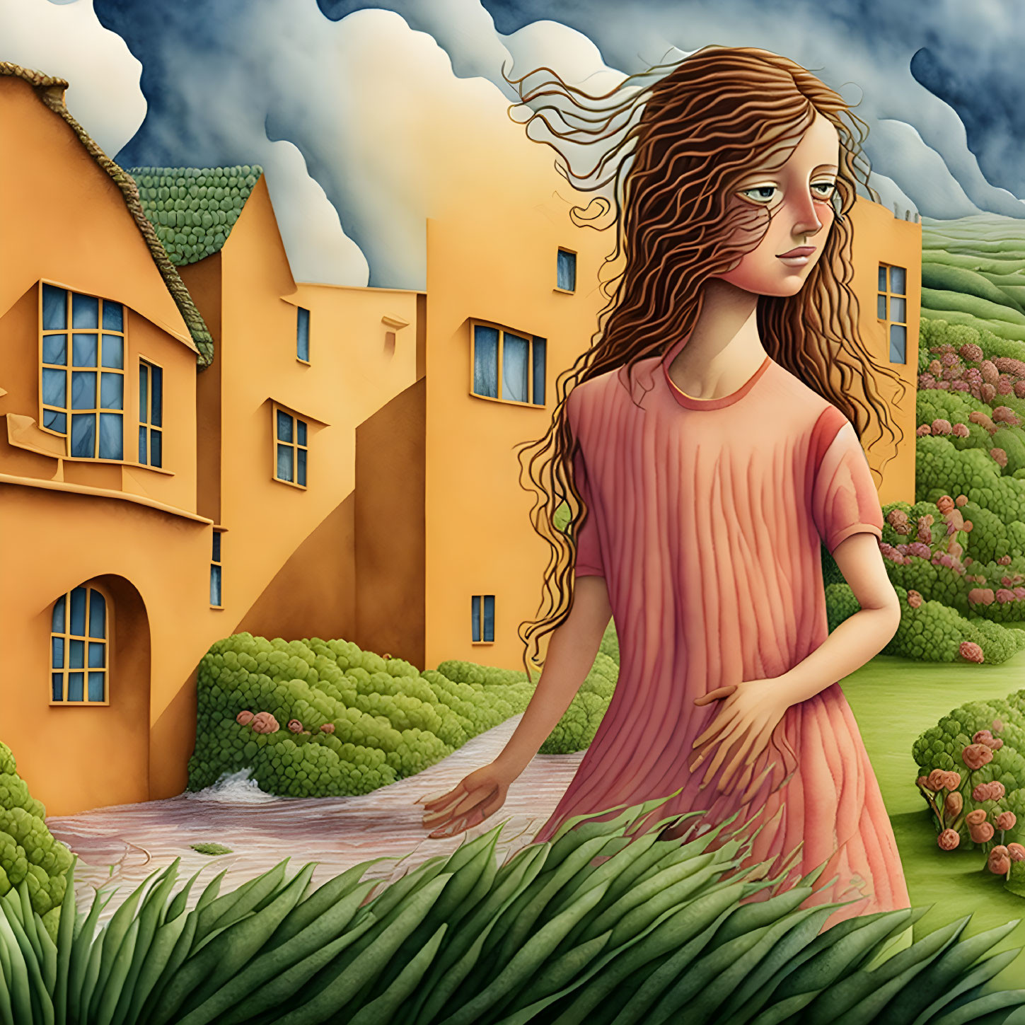 Surreal village scene with woman and flowing hair