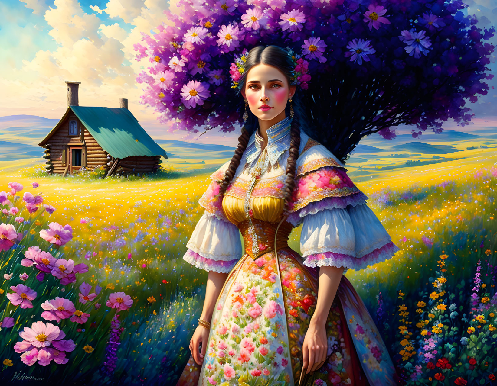 Traditional folk attire woman in vibrant meadow with flowers and cottage.