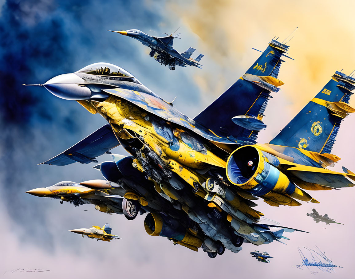 Vibrant fighter jets artwork with dramatic sky effects