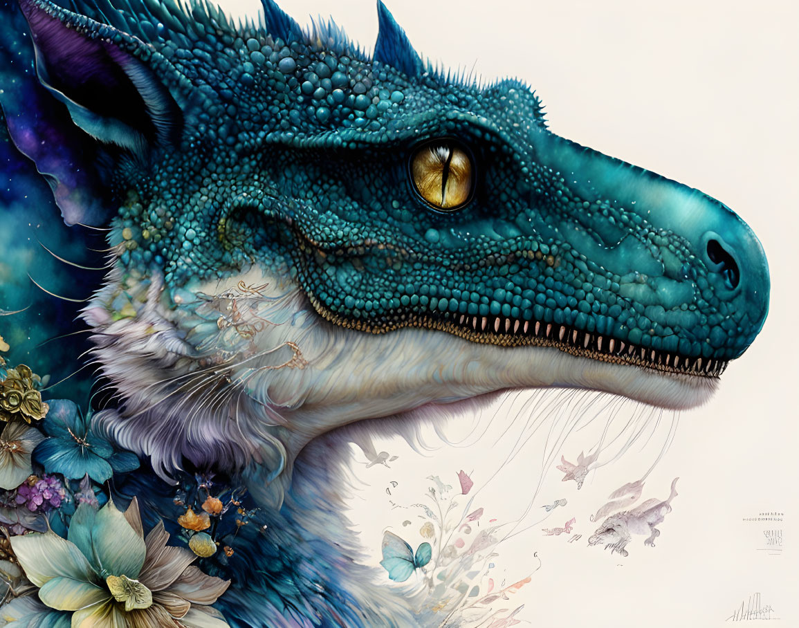 Detailed illustration of fantastical dragon with blue scales and floral elements.