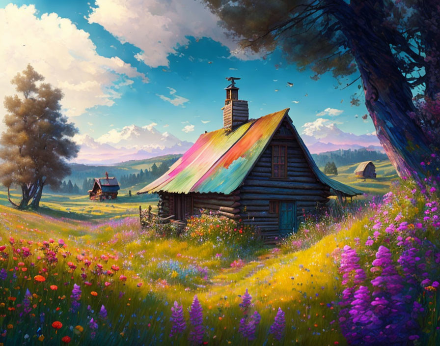 Wooden cottage with colorful roof in vibrant wildflower field