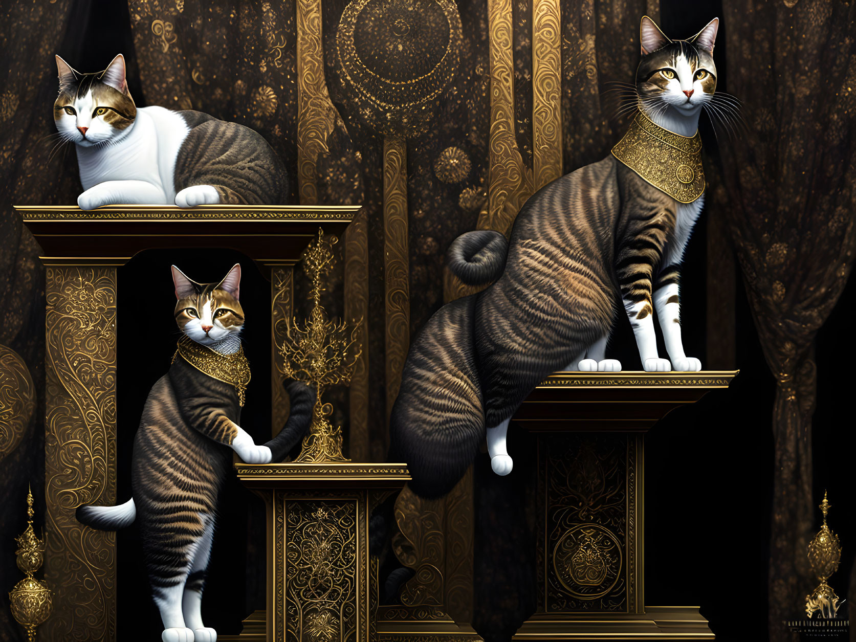 Three cats on gold collars on elegant pedestals against a patterned dark backdrop