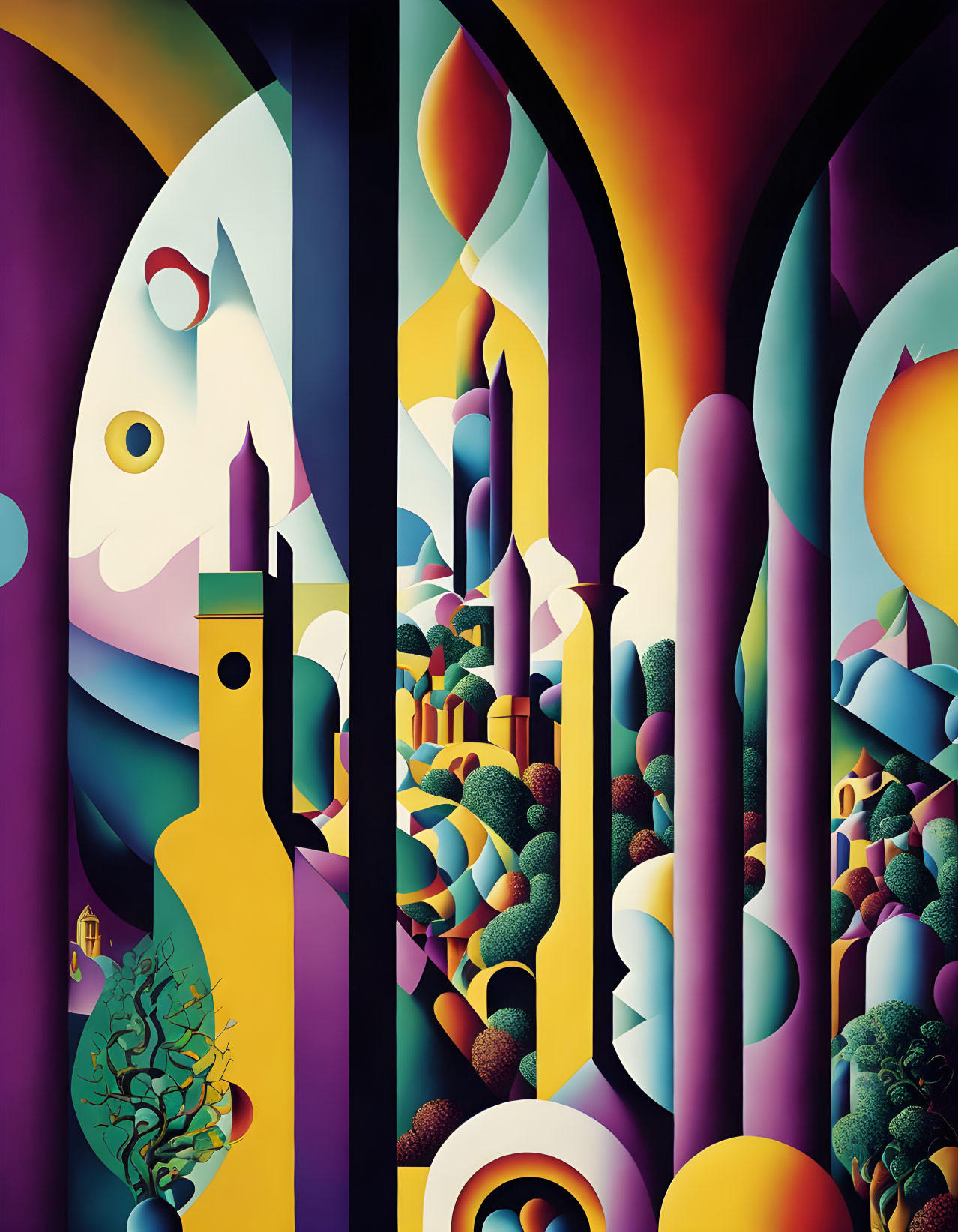 Vibrant surrealistic artwork with abstract shapes and fantasy elements