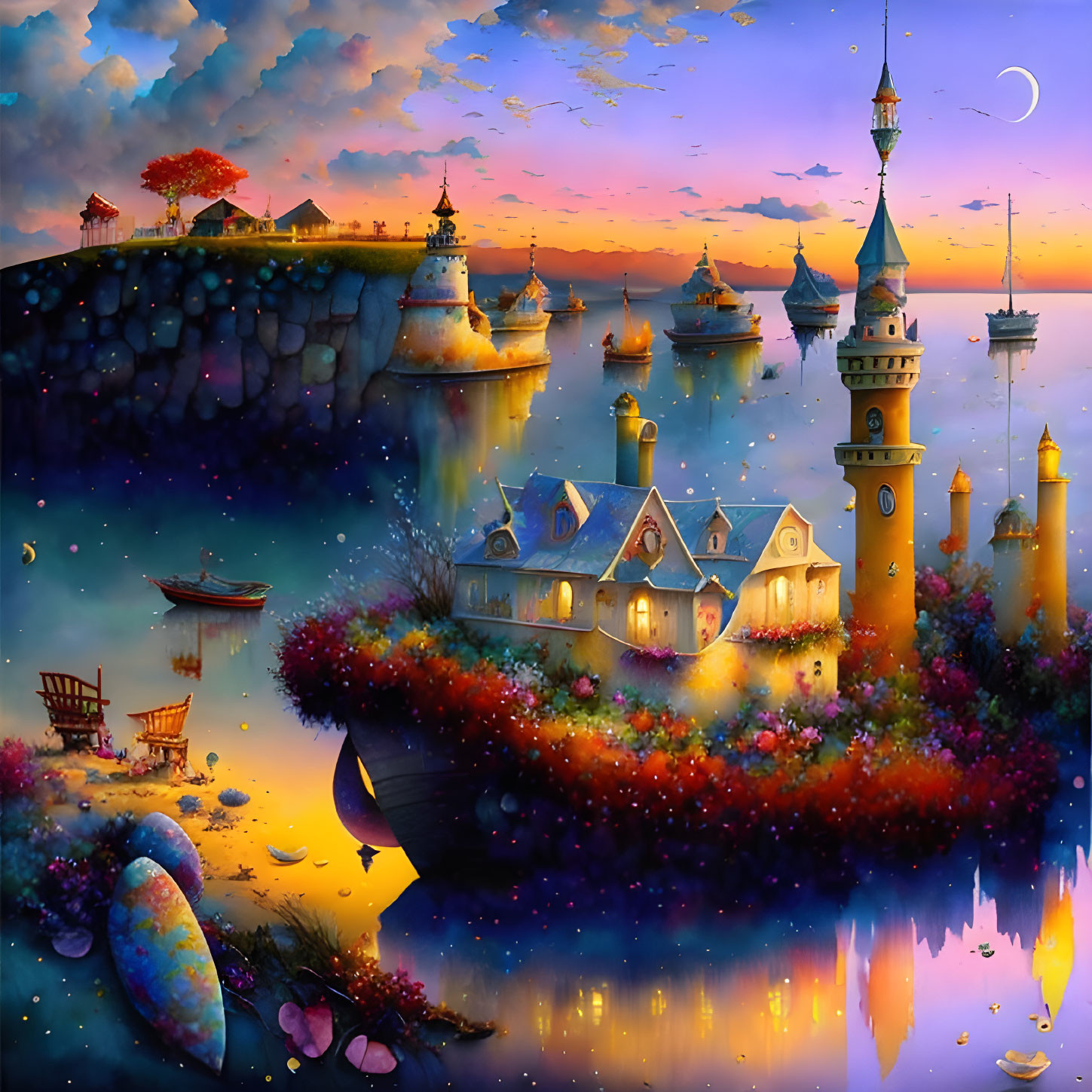 Colorful Seascape with Glowing Flowers, Village Towers, Crescent Moon, and Twilight Reflections