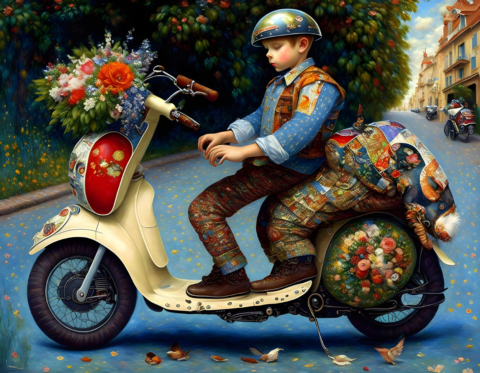 Boy in Floral Outfit on Flower-Decorated Scooter in Autumn Street