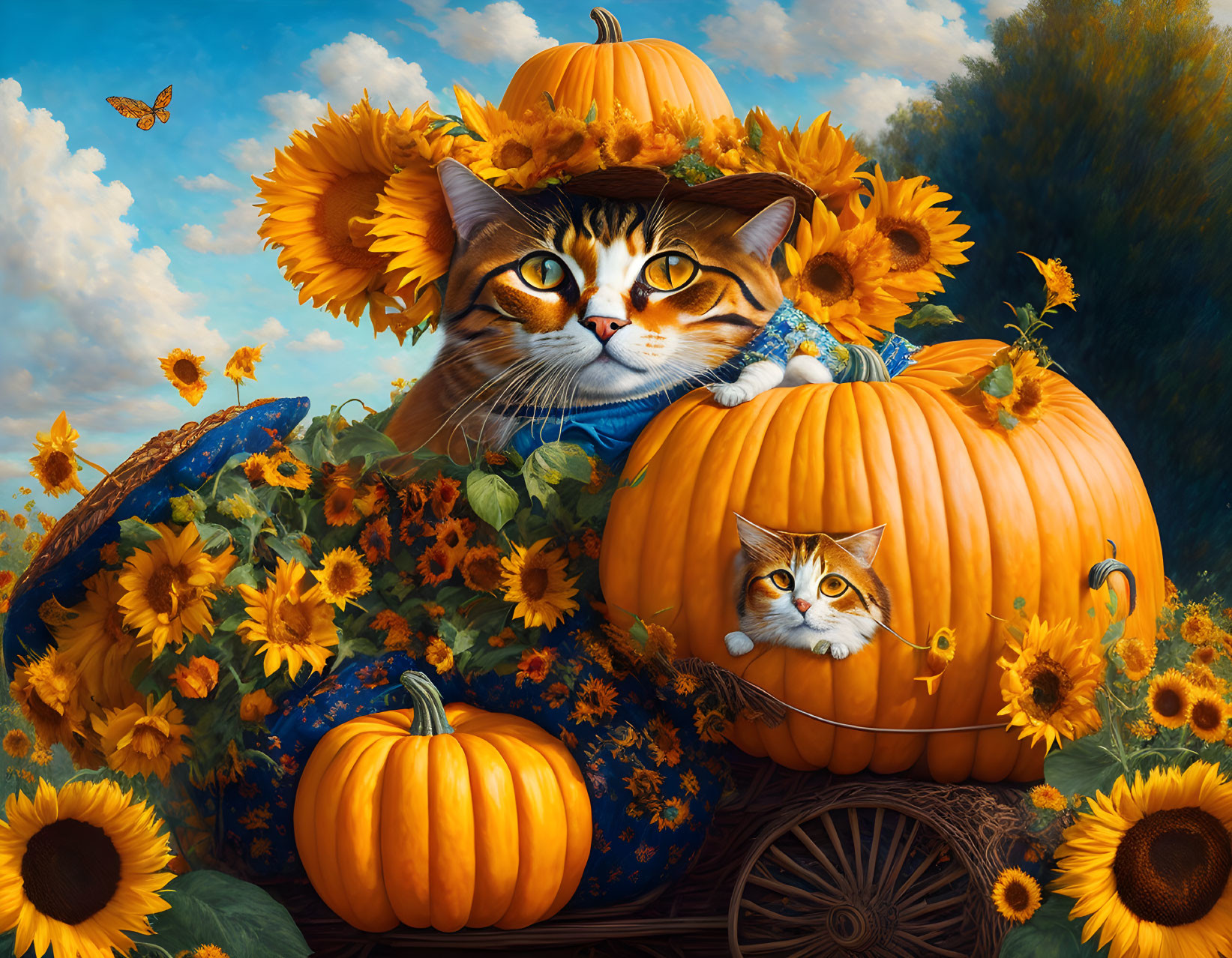 Cats in pumpkins with sunflowers and butterfly under blue sky