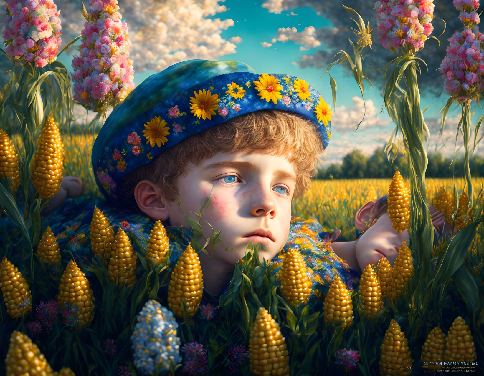 Child with floral hat surrounded by corn cobs in field with flowers and blue sky