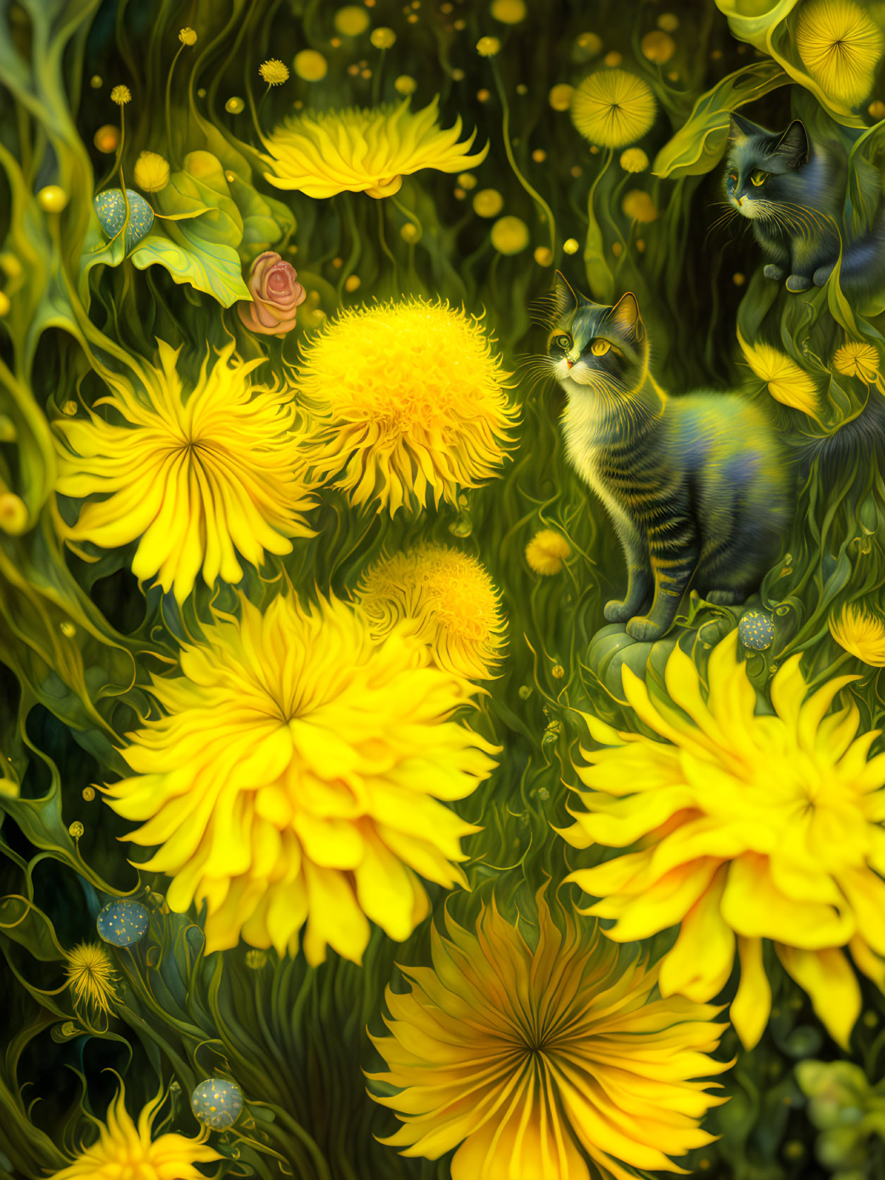 Yellow flowers and two cats in dreamy setting.