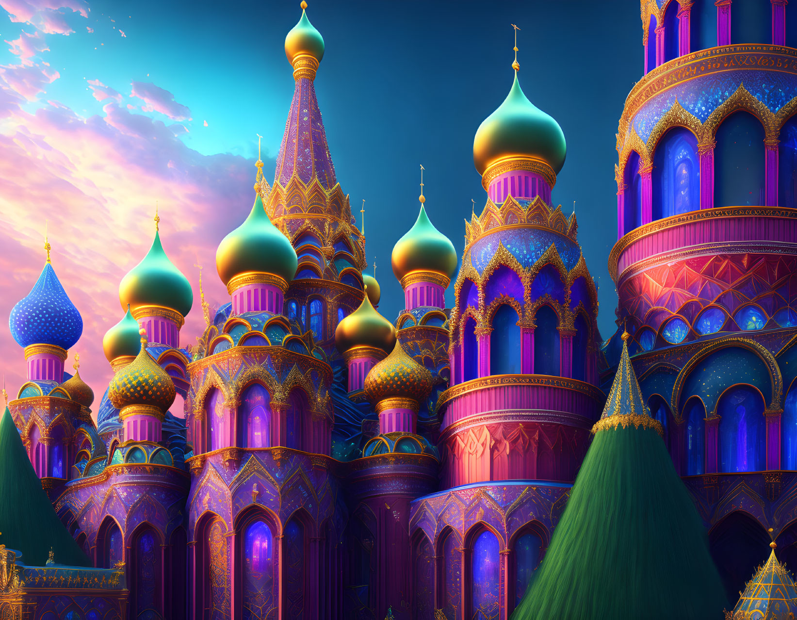 Fantasy castle with ornate towers and golden domes under twilight sky