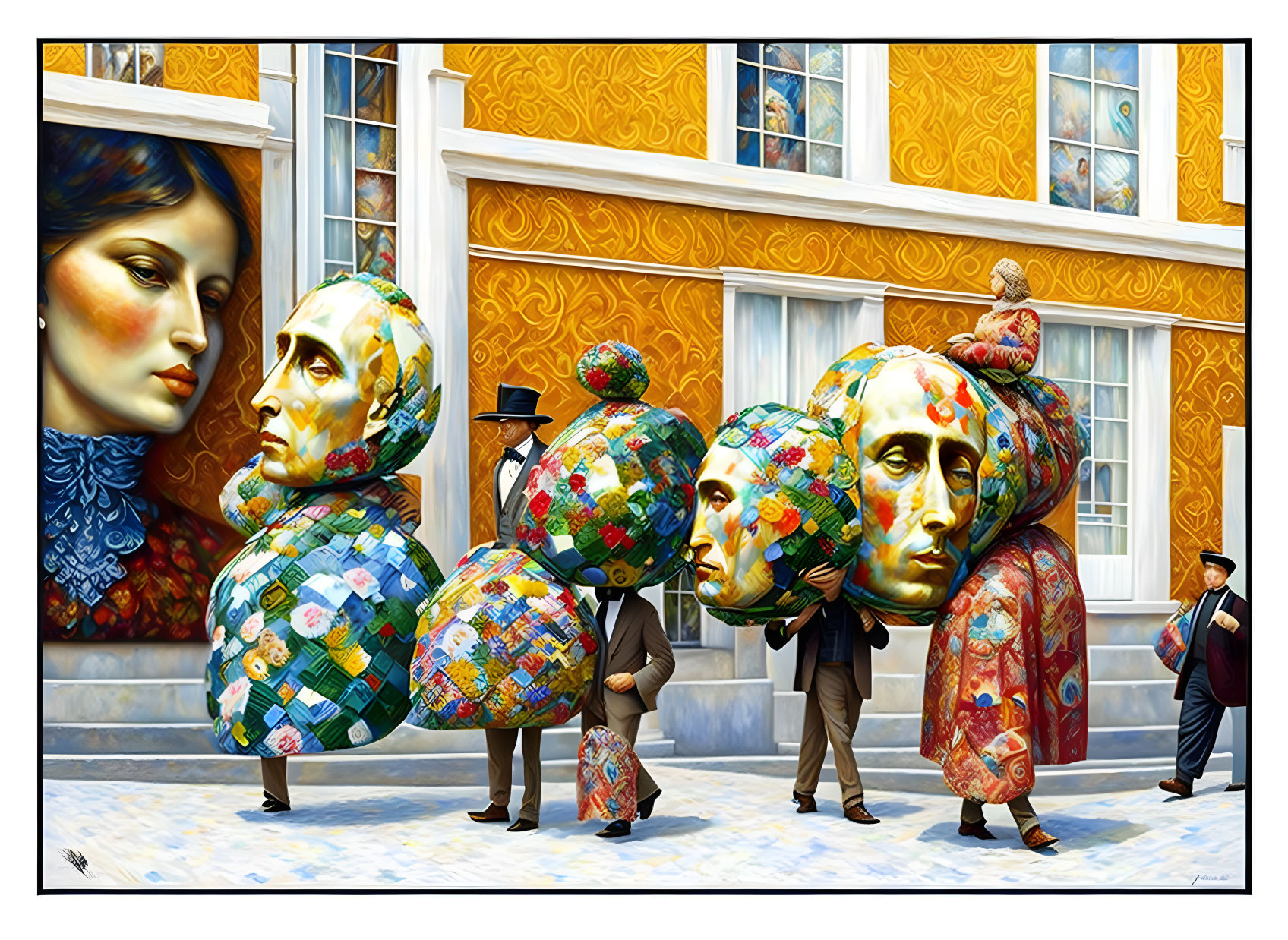 Surrealist artwork: People with floral-patterned sphere heads passing by building with woman's portrait.