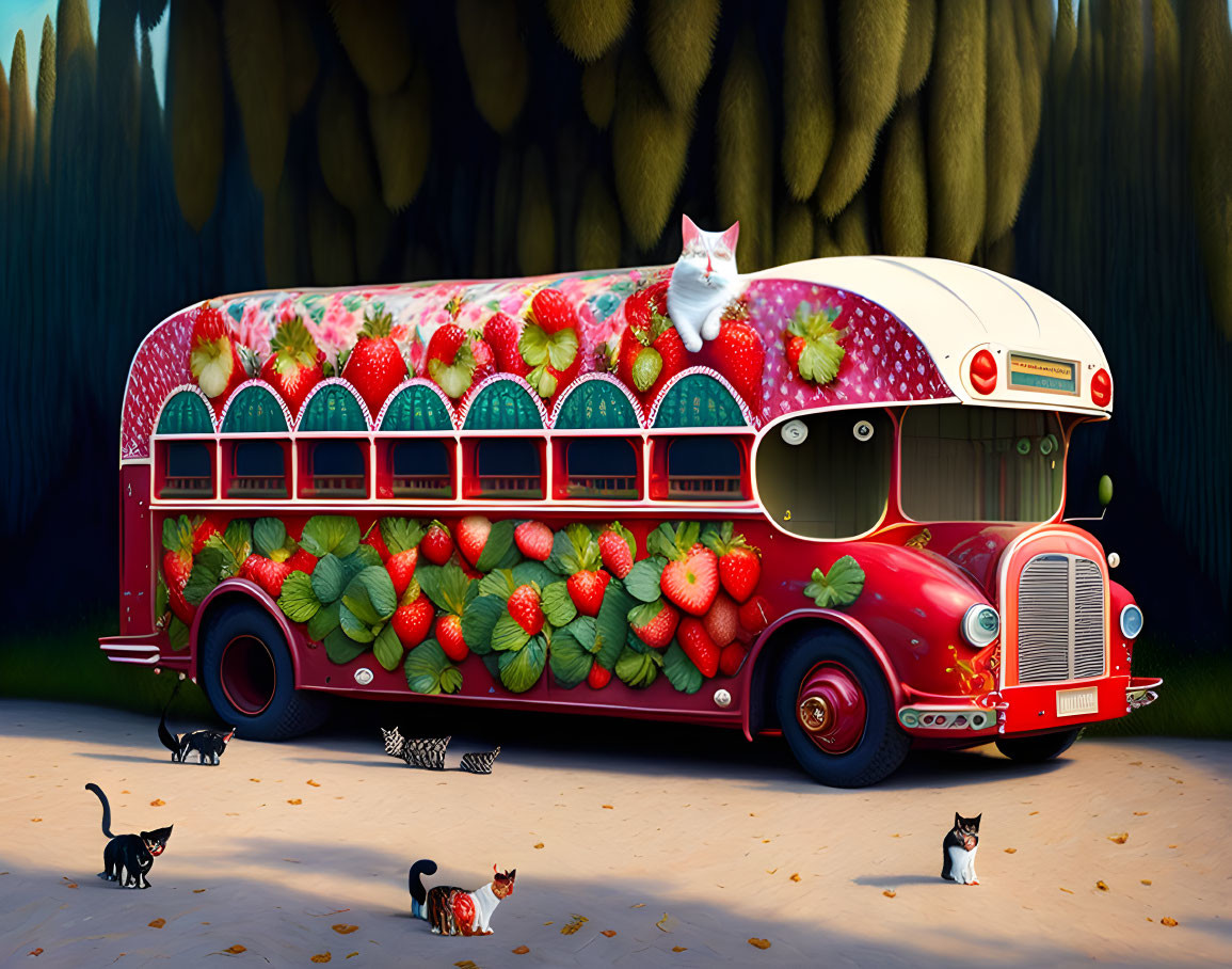 Whimsical vintage bus with oversized strawberries and cats in a garden setting