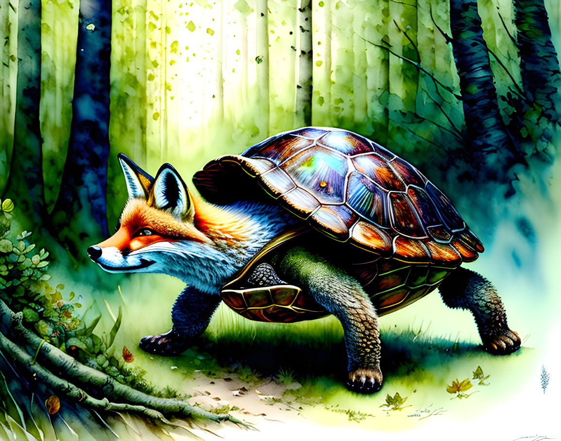 Illustration of tortoise-bodied creature with red fox head in lush forest