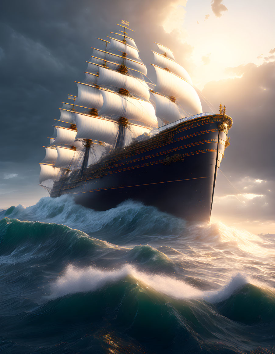 Majestic tall ship with unfurled sails on ocean waves under sunlit sky