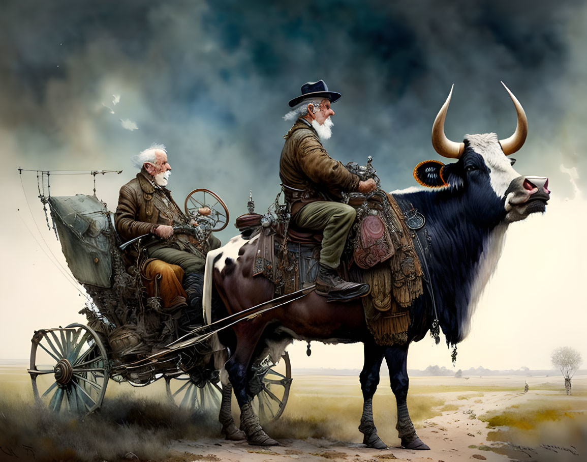 Men in historical attire on cart pulled by bull under dramatic sky with compass.