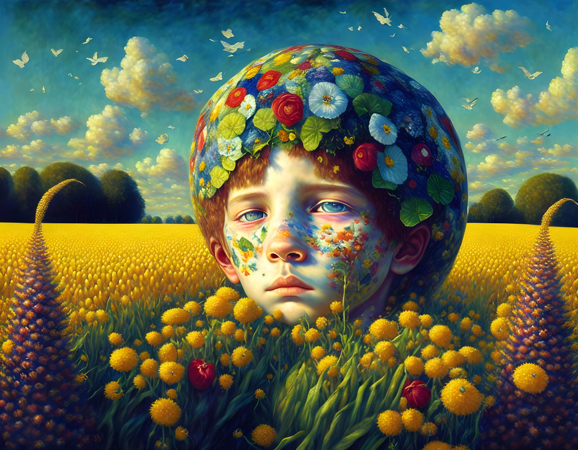 Child with flowery globe head in vibrant sunflower field under blue sky.