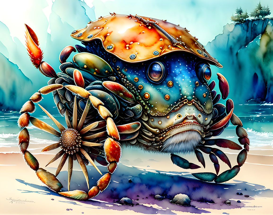 Vibrant Crab Artwork with Detailed, Embellished Shell