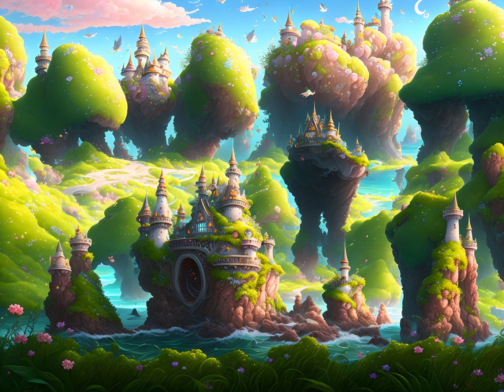 Fantasy landscape with floating islands and whimsical castles