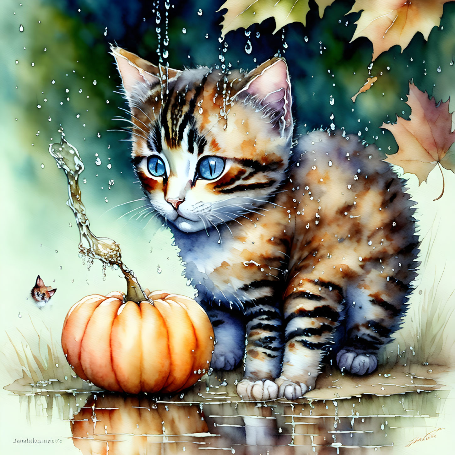 Vibrant Tabby Kitten and Pumpkin in Autumn Scene