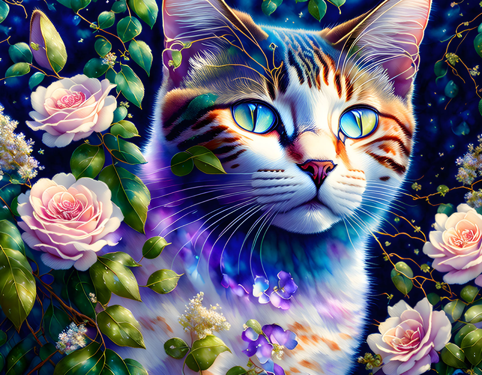 Colorful Cat Illustration Among Foliage and Pink Roses