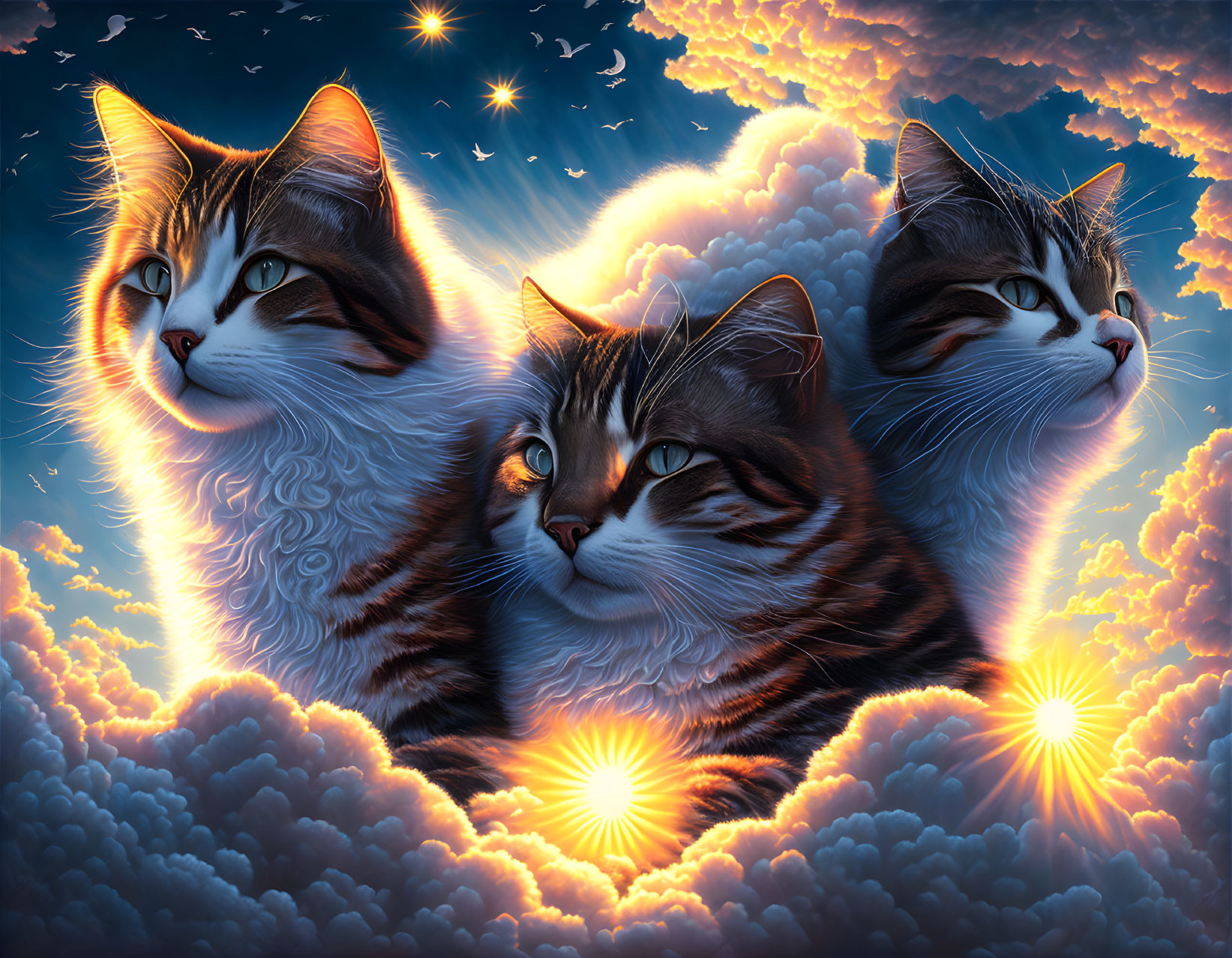 Three majestic cats with vivid eyes on dreamy cloudscape with radiant suns and starry sky