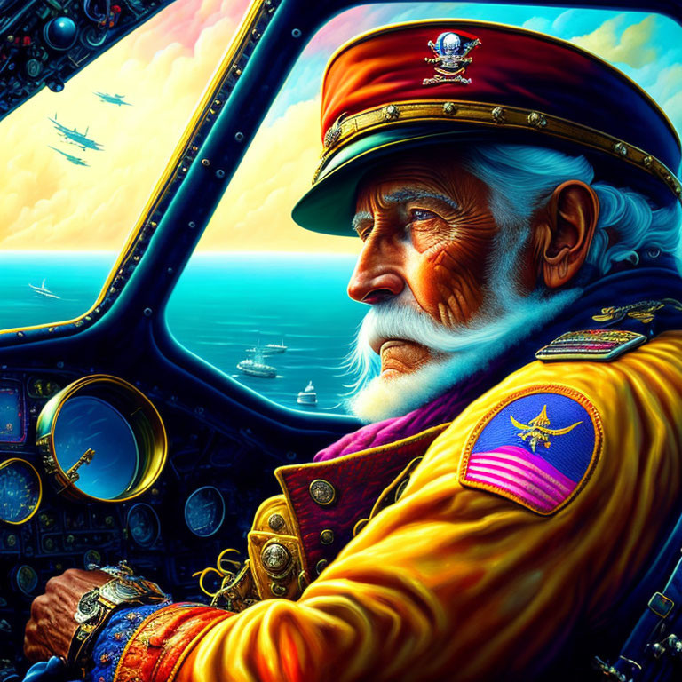 Illustrated elderly pilot in decorated uniform in cockpit with aircraft and ships under bright sky