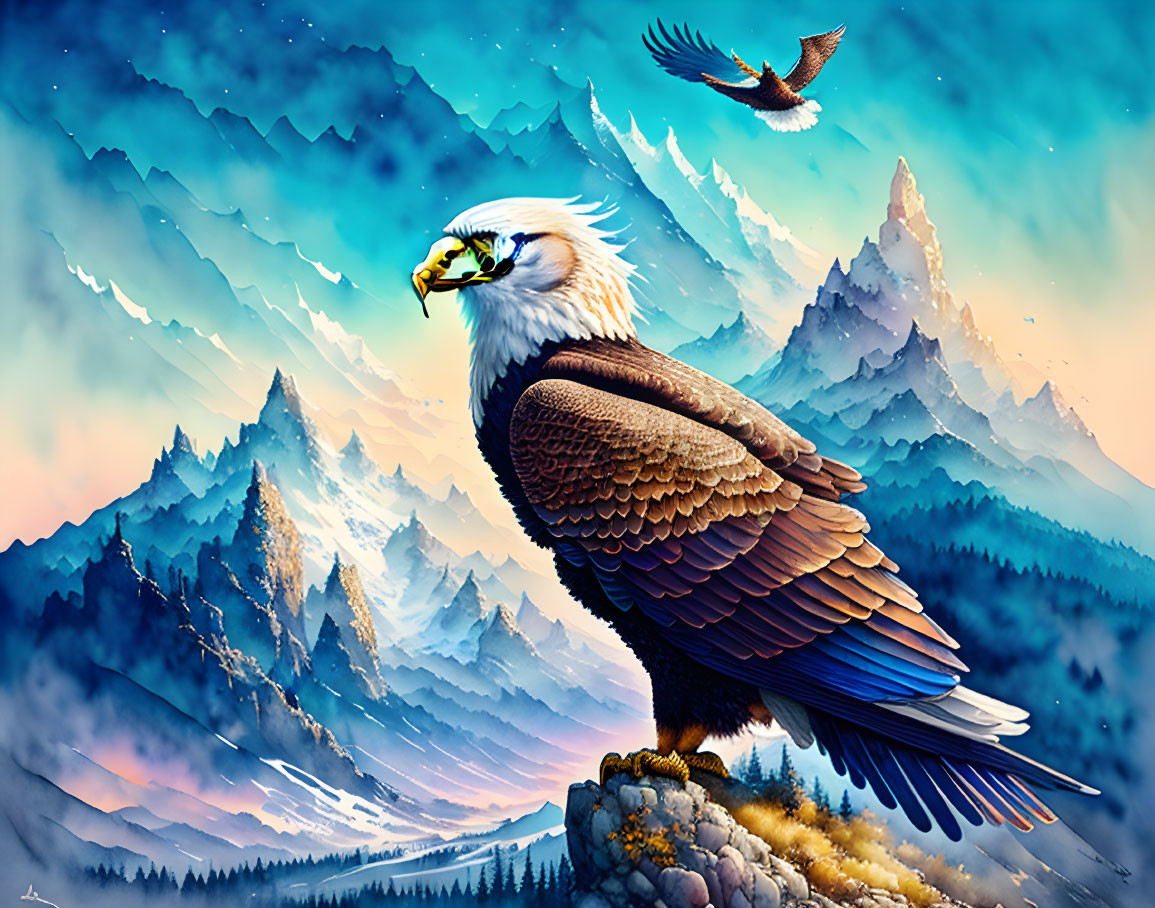 Majestic eagle perched on rock with flying eagle, vibrant mountainous backdrop