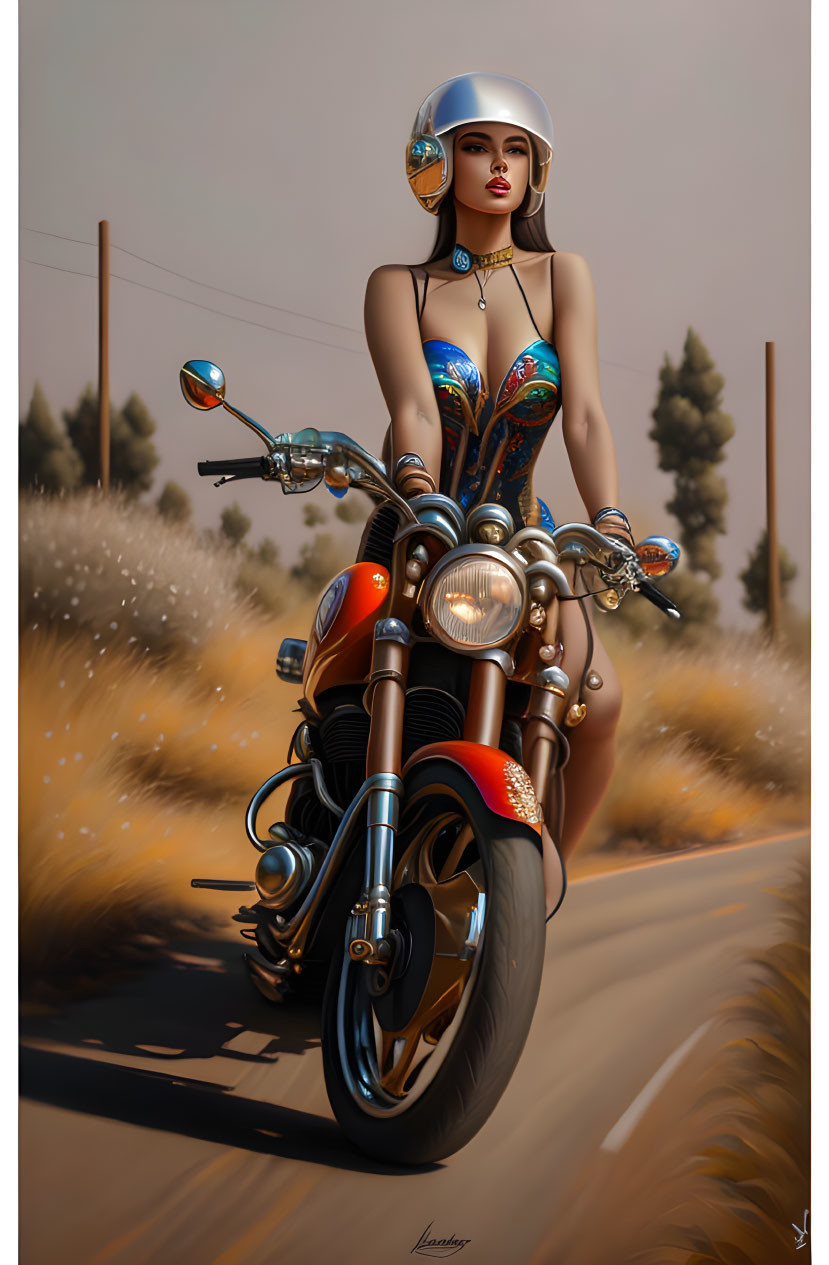 Digital artwork: Woman riding classic motorcycle on open road