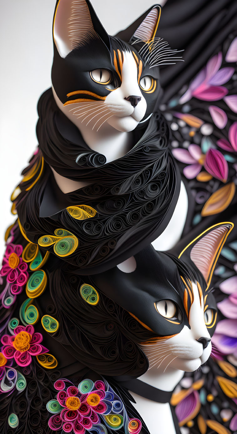 Colorful Quilled Paper Cat Figures with Bold Patterns