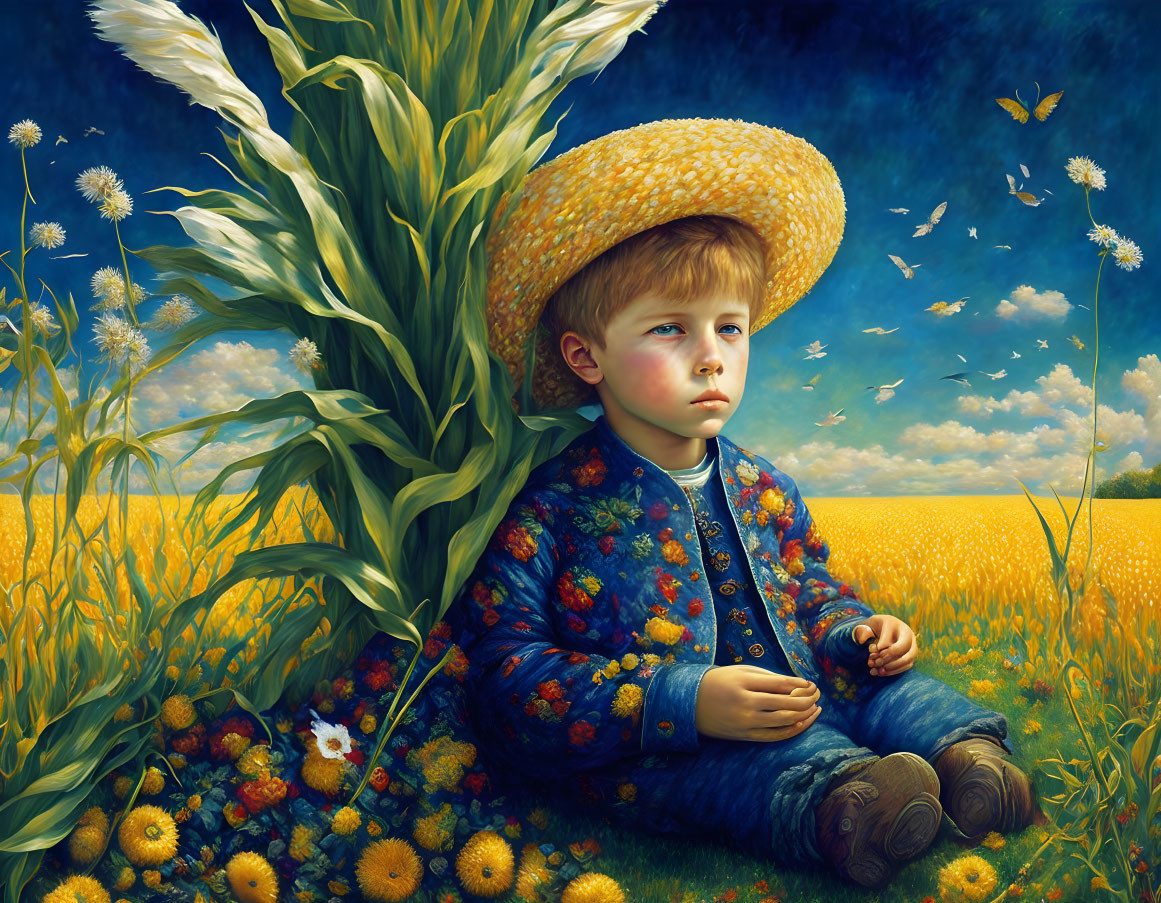 Young boy in straw hat surrounded by yellow flowers and butterflies under blue sky.