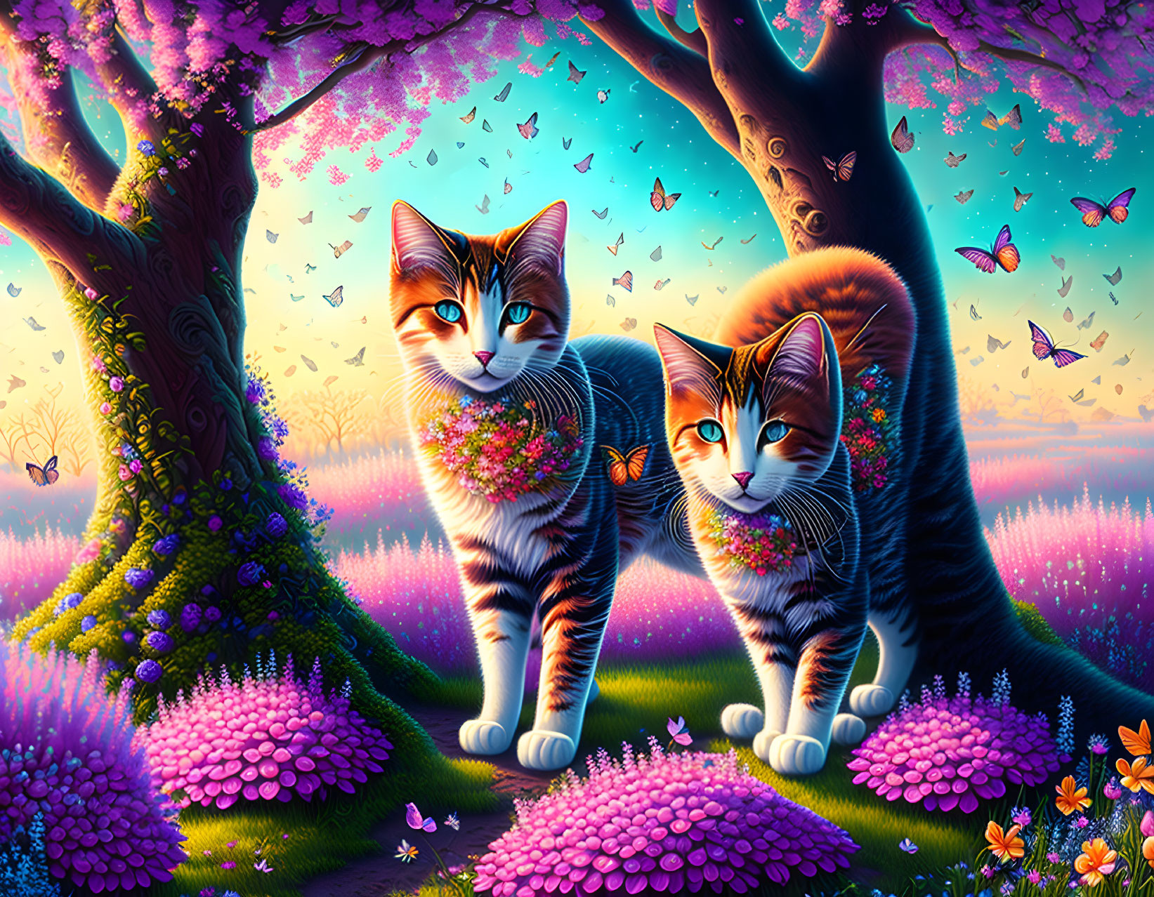 Colorful Illustration of Vibrant Cats in Whimsical Landscape