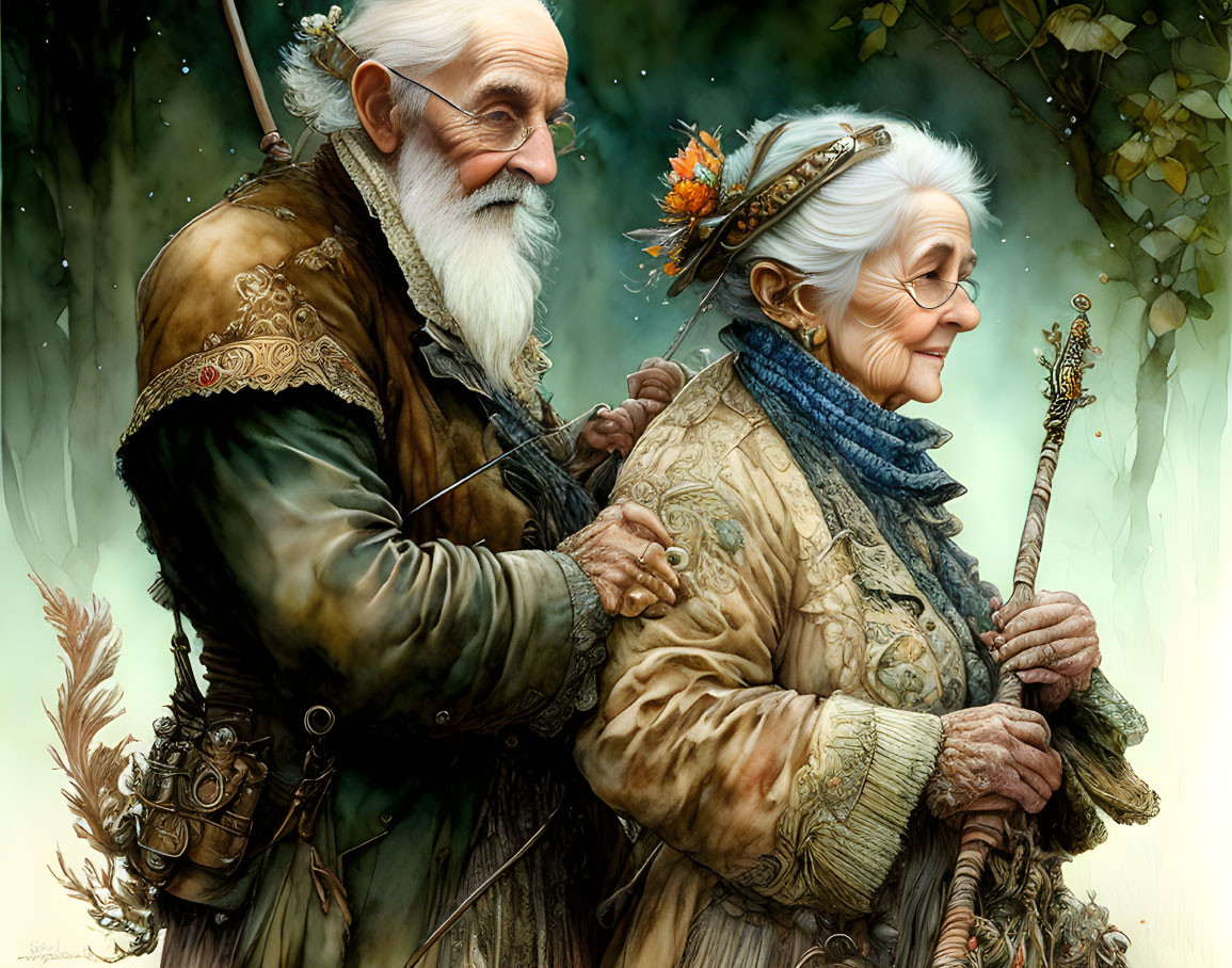 Elderly Fantasy Couple in Ornate Medieval Attire Smiling Tenderly