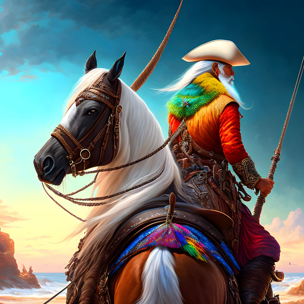 Illustrated noble figure in vibrant renaissance attire on ornate horse under dramatic sky