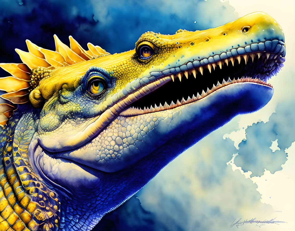 Digital artwork: Two-headed crocodile with open jaws on blue background