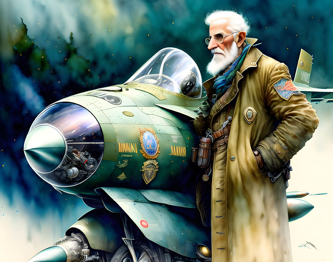 Elderly aviator in long coat by vintage green fighter jet with steampunk vibe