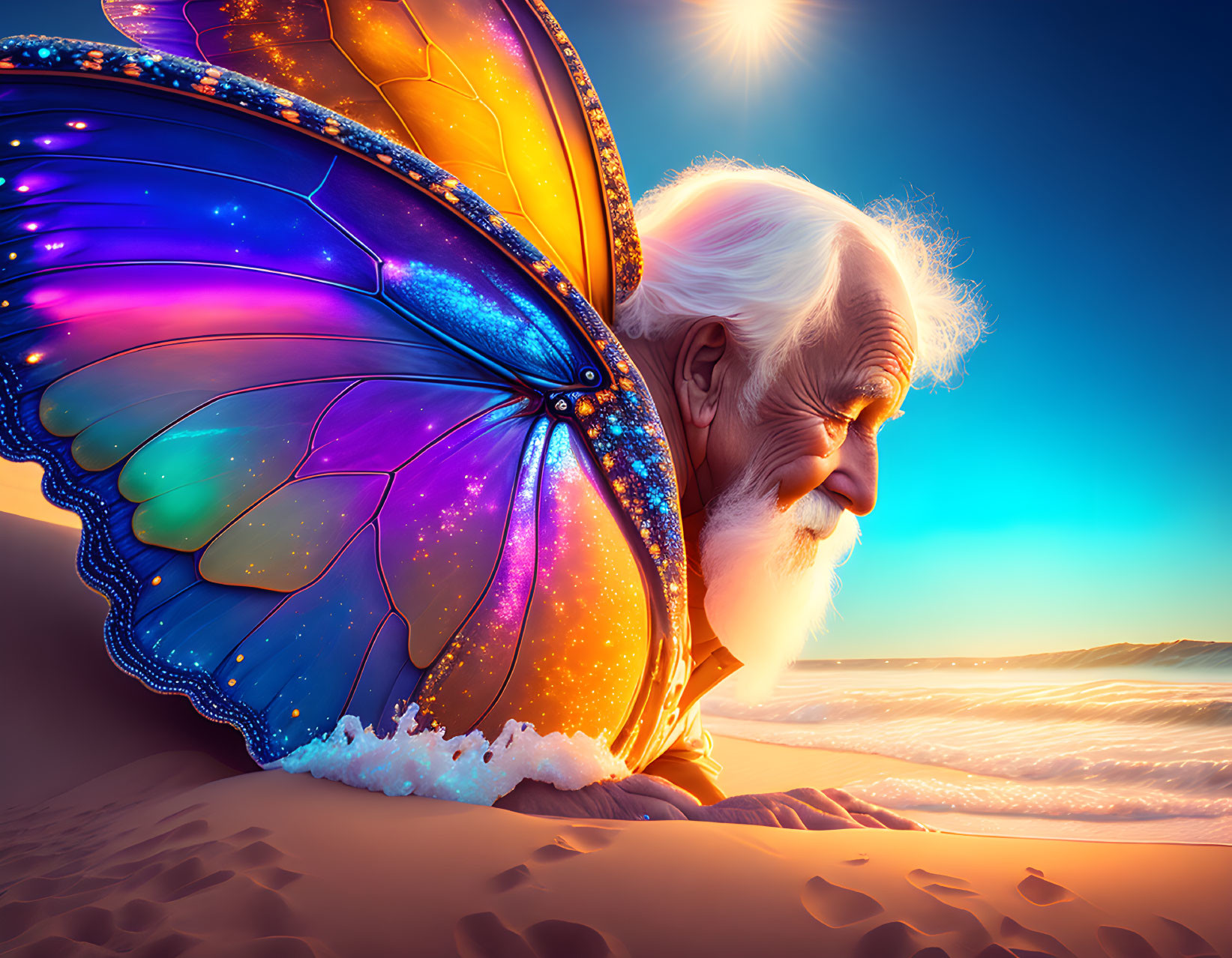 Elderly man with butterfly wing ear against ocean sunset.