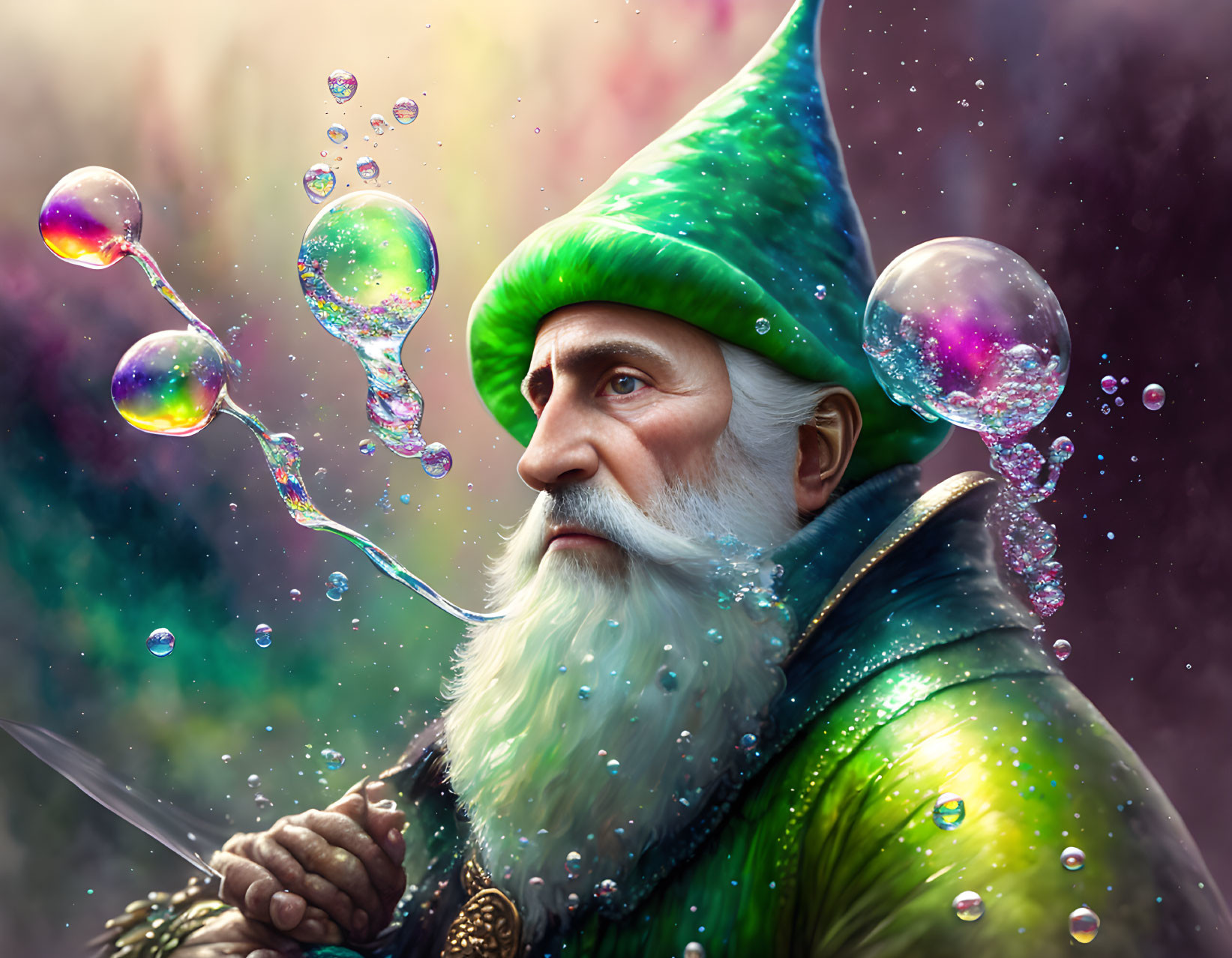 Elder wizard in green hat gazes at floating bubbles in mystical scene